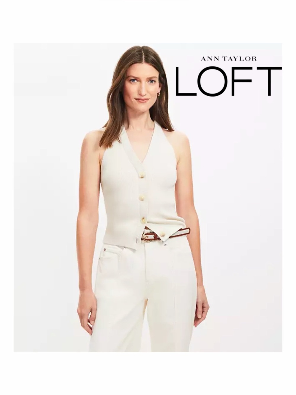 NWOT LOFT Ribbed Button Halter Sweater in Sand Shell
